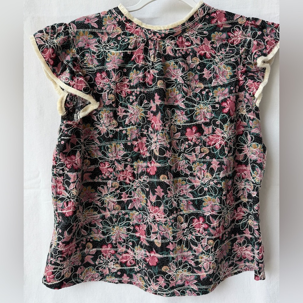 Voy Black Embroidered Floral Ruffle Sleeve Top Size Medium NWT